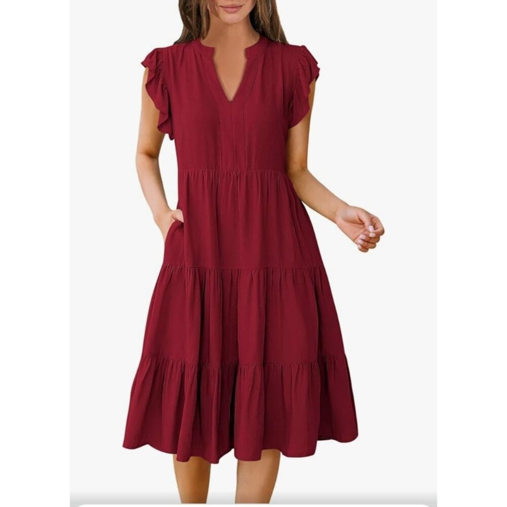 Anrabess Womens Flowy Tiered Boho Red Dress Casual & Comfortable Size Small